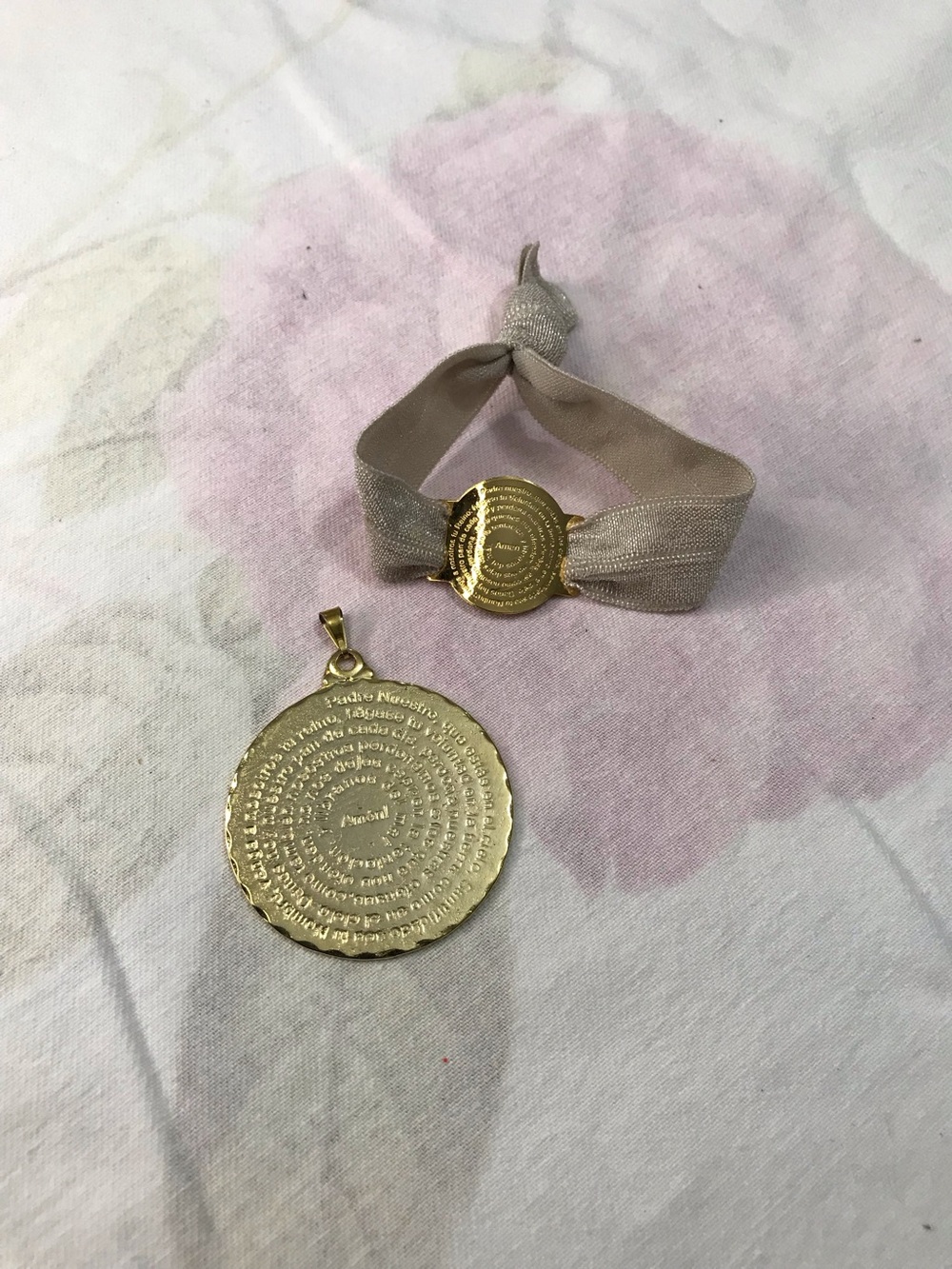 Gold Tone Medallion with Our Father Prayer in Spanish Pendant & Bracelet